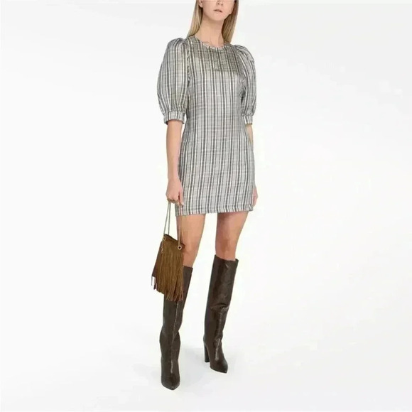 SAMSOE SAMSOE Gold Check Stripe 3/4 Puff Sleeve Celestine Back Button Dress - Picture 1 of 7